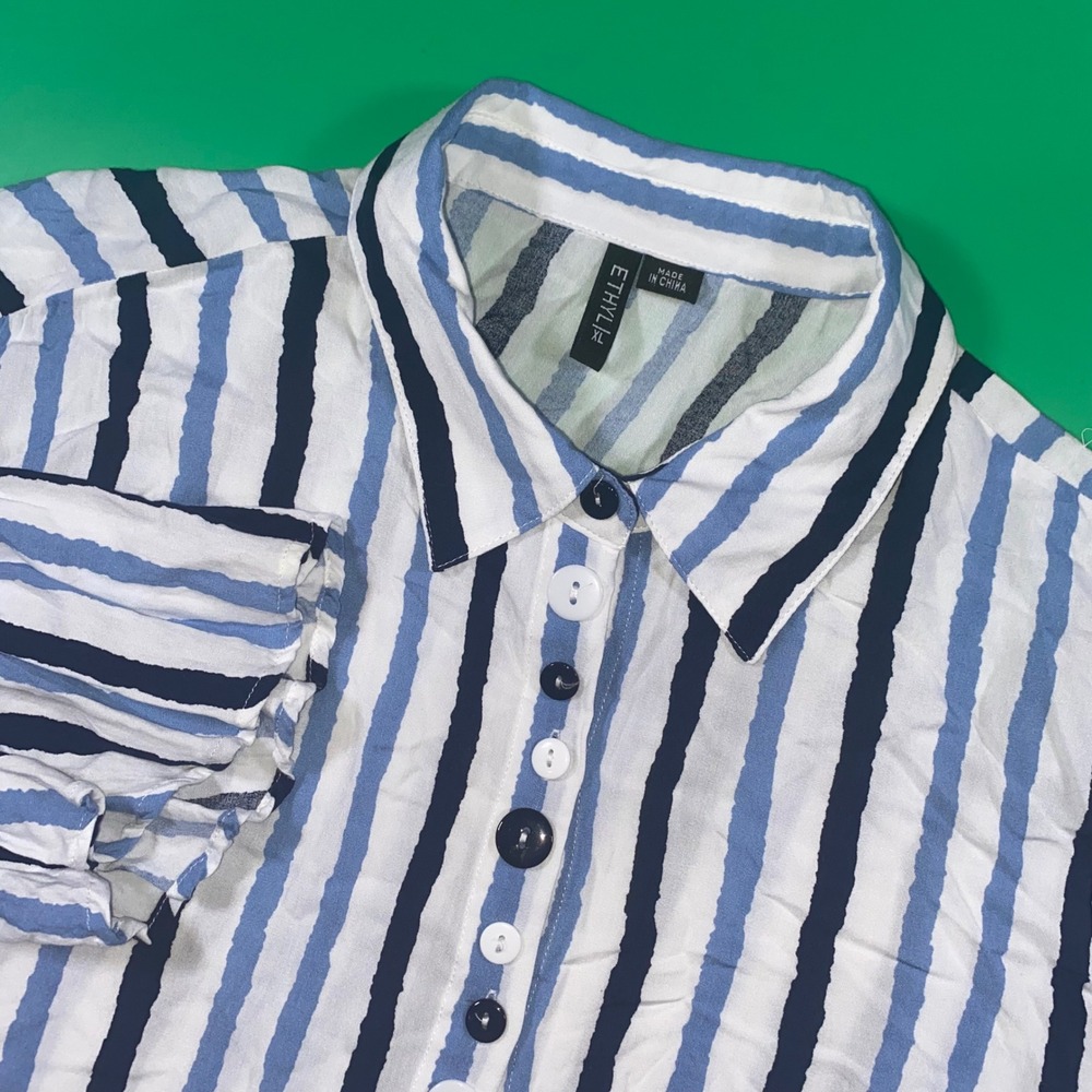 Ethyli‎ Striped Button Down 3/4 Sleeve Tunic Top Blouse XL Womens Blue White
